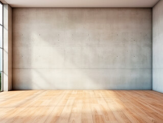 Empty room interior with concrete walls, wooden floor with light and soft skylight from window. Background with copy-space. Ai Generative illustration - 624096963