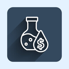 White line Oil petrol test tube icon isolated with long shadow background. Cmemistry flask and falling drop. Blue square button. Vector