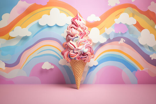 Sch&ouml;nes buntes Softeis mit Waffel in Regenbogenfarben und Pink Farben Hintergrund, ai generativ