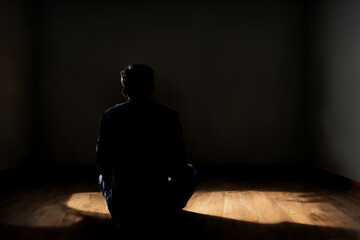 暗い部屋に一人ぼっちで膝を抱える男性の後ろ姿1: AI生成画像　Back view of a man holding his knees, alone in a dark room. generative AI - obrazy, fototapety, plakaty