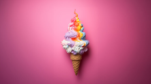 Sch&ouml;nes buntes Softeis mit Waffel in Regenbogenfarben und Pink Farben Hintergrund, ai generativ