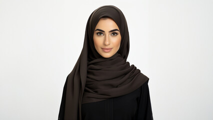Naklejka premium Hübsche arabische Frau Gesicht mit einem schwarzen hijab hidschäb umhüllt porträt, ai generativ
