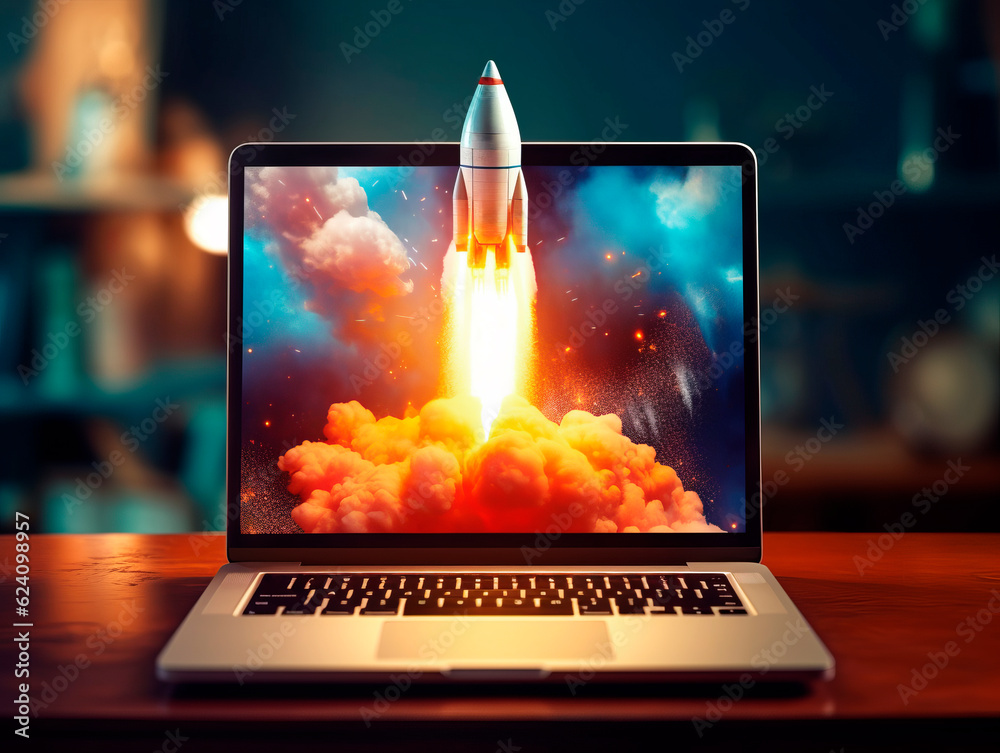 Aufkleber Rocket starts from computer device screen. Spaceship launch from Laptop. Concept of a successful start up of a business. Creative idea, education online. Ai Generative illustration