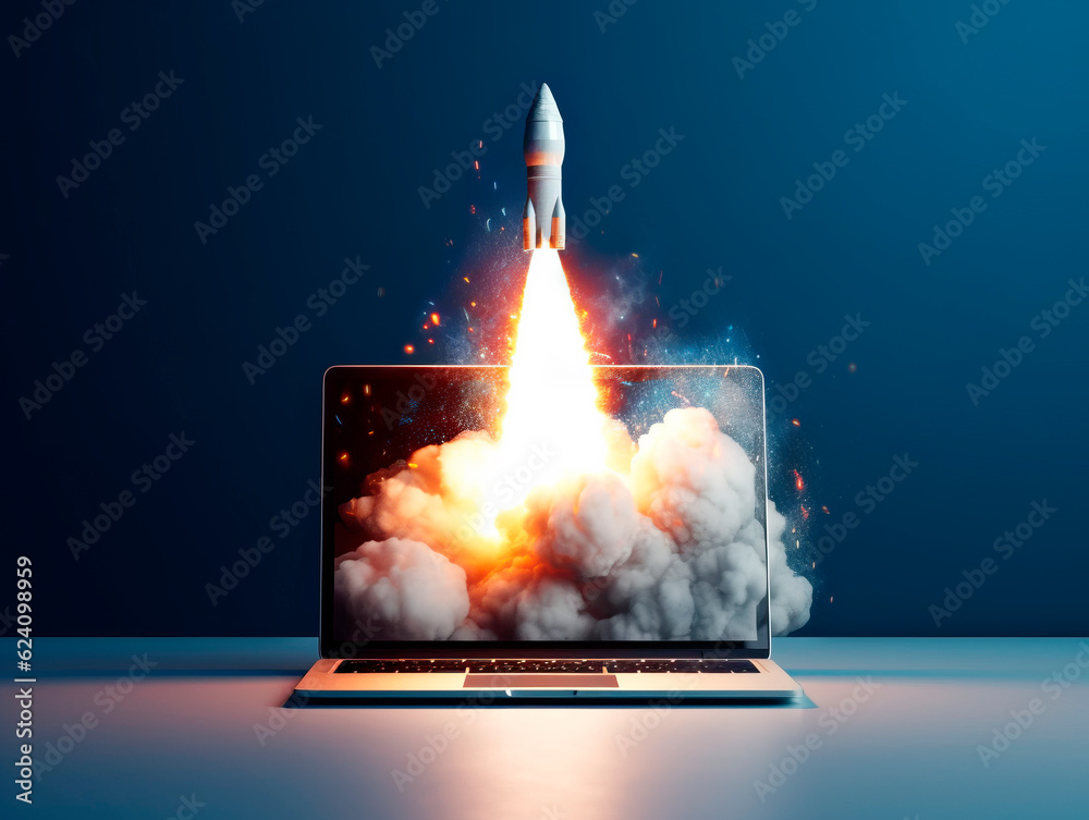 Aufkleber Rocket starts from computer device screen. Spaceship launch from Laptop. Concept of a successful start up of a business. Creative idea, education online. Ai Generative illustration