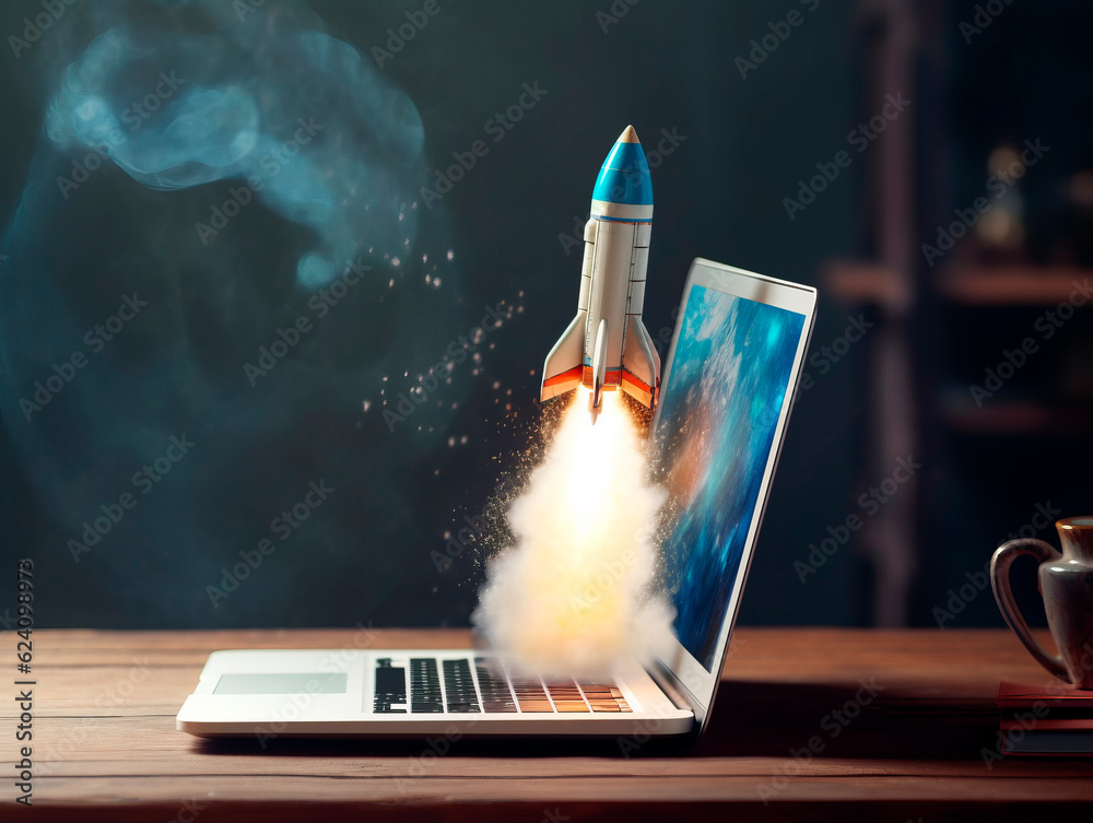 Aufkleber Rocket starts from computer device screen. Spaceship launch from Laptop. Concept of a successful start up of a business. Creative idea, education online. Ai Generative illustration