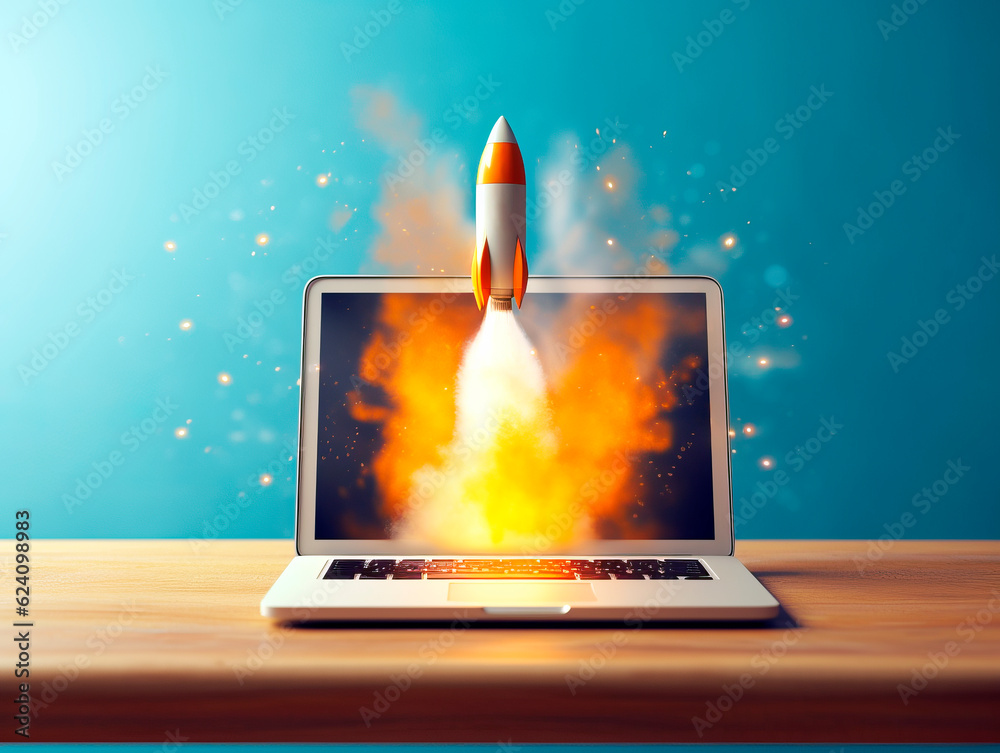 Aufkleber Rocket starts from computer device screen. Spaceship launch from Laptop. Concept of a successful start up of a business. Creative idea, education online. Ai Generative illustration