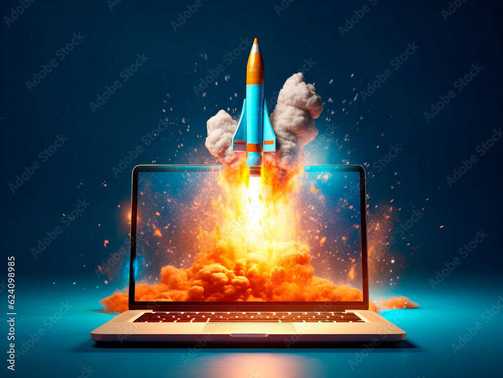 Aufkleber Rocket starts from computer device screen. Spaceship launch from Laptop. Concept of a successful start up of a business. Creative idea, education online. Ai Generative illustration