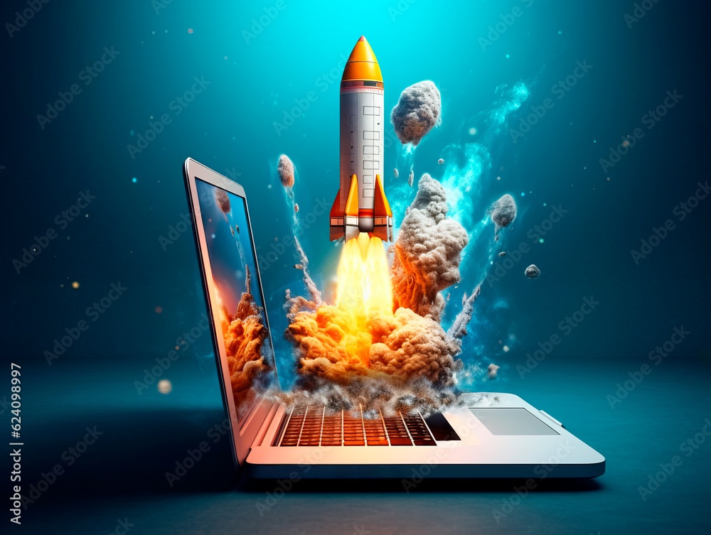 Poster rocket starts from computer device screen. spaceship launch from laptop. concept of a successful sta