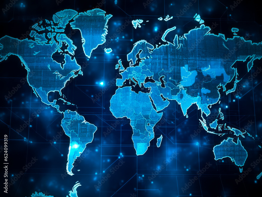 Poster digital world map background, earth network. worldmap in neon light blue display screen, worldwide c