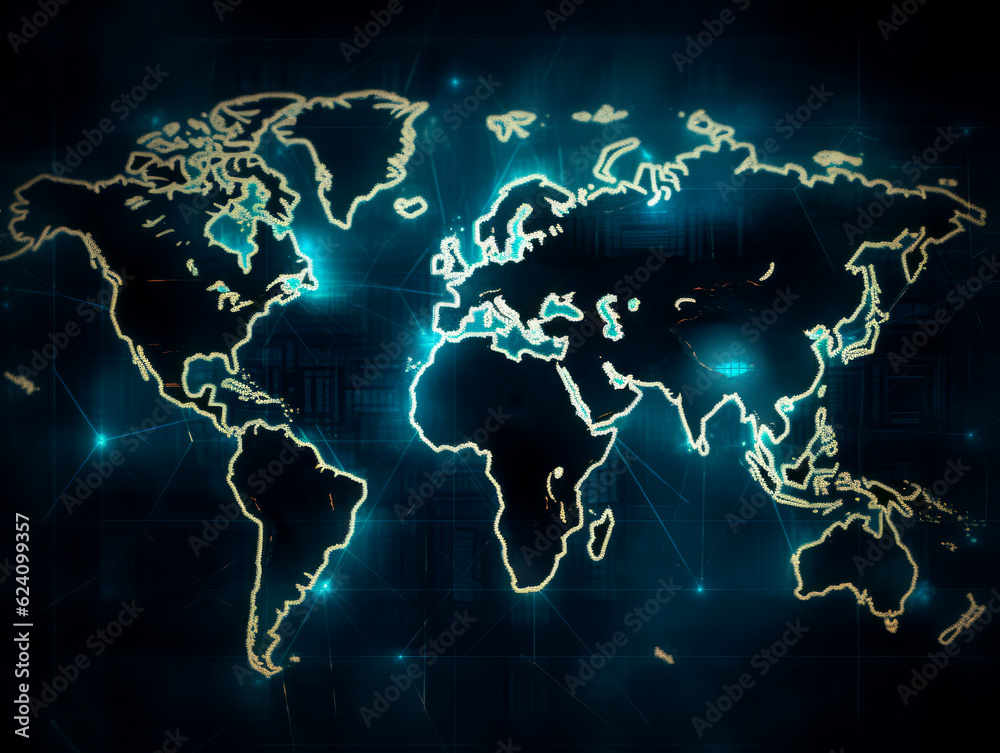 Poster digital world map background, earth network. worldmap in neon light blue display screen, worldwide c