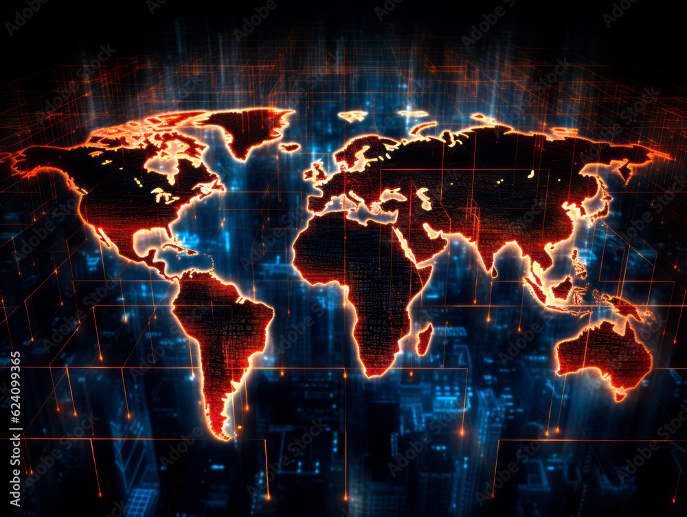 Poster digital world map background, earth network. worldmap in neon light orange display screen, worldwide