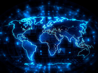 Digital world map background, earth network. Worldmap in neon light blue display screen, worldwide connection and telecommunication technology. Ai generative illustration