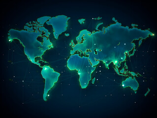 Digital world map background, earth network. Worldmap in neon light blue display screen, worldwide connection and telecommunication technology. Ai generative illustration