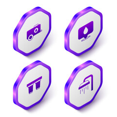 Set Isometric Mobile water tank, Water drop with location, filter cartridge and Shower icon. Purple hexagon button. Vector