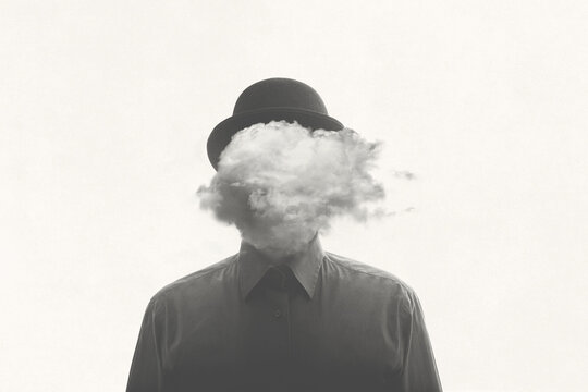 man with cloud over head, surreal black and white concept 