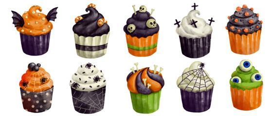 Set of watercolor themed desserts, cupcakes for Halloween holiday.Vector graphics.