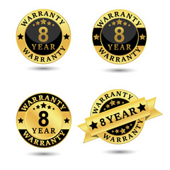 Collection of warranty 8 year label badge gold and black style, Set of warranty isolated on white background, Vector illustration.