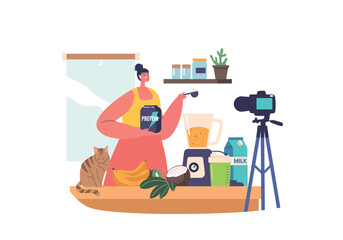 Food Blogger Female Character Expertly Prepares Sport Nutrition Meals On Camera, Demonstrating Culinary Skills