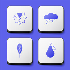 Set Chestnut, Cloud and lightning, Leaf and Pear icon. White square button. Vector