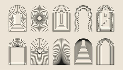 Boho frame arch vector illustration modern minimalistic retro aesthetic linear arc portal logo bohemian design element mystical geometric abstract border
