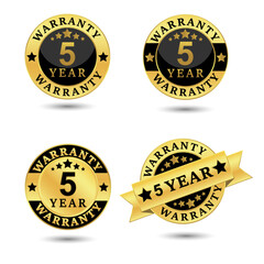 Collection of warranty 5 year label badge gold and black style, Set of warranty isolated on white background, Vector illustration.