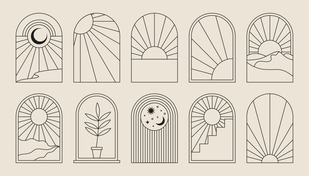 Boho frame arch vector illustration modern minimalistic retro aesthetic linear arc portal logo bohemian design element mystical geometric abstract border