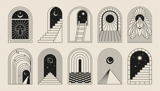 Boho frame arch vector illustration modern minimalistic retro aesthetic linear arc portal logo bohemian design element mystical geometric abstract border