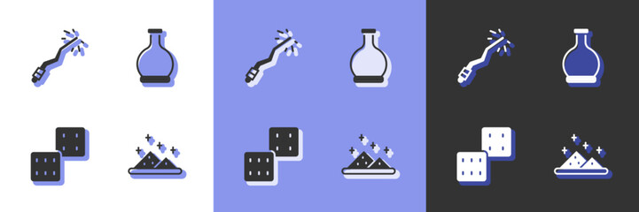 Set Magic powder, wand, Game dice and Bottle with potion icon. Vector