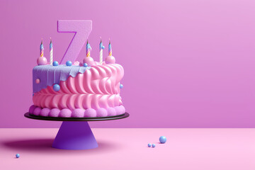 Birthday cake on a 7 years decorated with topper number seven on a pink background in a minimalist style. Copy space. Generative AI	