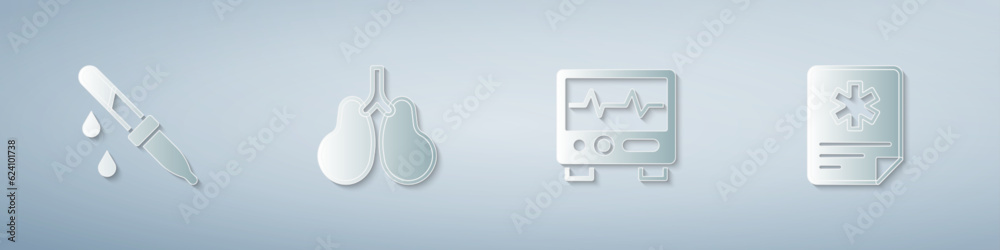 Sticker Set Pipette, Lungs, Monitor with cardiogram and Patient record. Paper art style. Vector