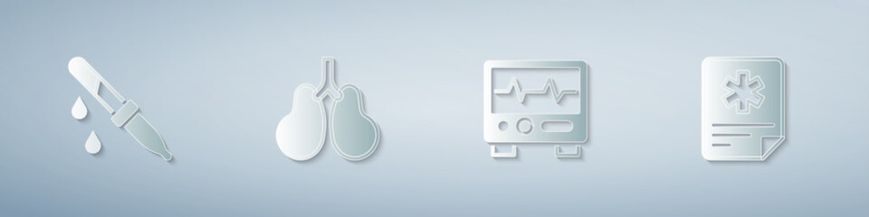 Set Pipette, Lungs, Monitor with cardiogram and Patient record. Paper art style. Vector