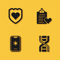 Set Immune system, DNA symbol, Emergency call 911 and Patient record icon with long shadow. Vector