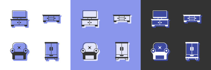 Set Wardrobe, TV table stand, Armchair and icon. Vector