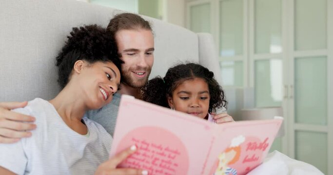Happy family, bed or child reading storybook, fantasy fairytale or cartoon book for bedtime routine, mental growth or learning. Home bedroom, storytelling and relax interracial parents listen to girl