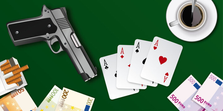 Composition vue du dessus, sur le thème du grand banditisme, avec le symbole du pistolet, des liasses de billets et d’un jeu de poker.