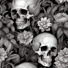 2d sketch black and white floral botanical flowers seamless background pattern with skull. Fabric wallpaper print texture of death skeleton head. Tiled. Ai Generative illustration.