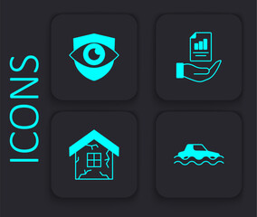 Set Flood car, Shield and eye, Contract in hand and House icon. Black square button. Vector