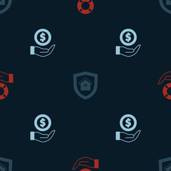 Set Lifebuoy in hand, House with shield and Money on seamless pattern. Vector