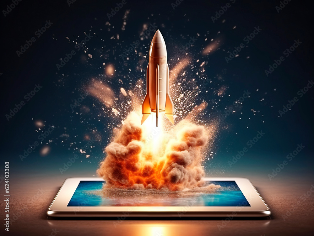 Aufkleber Spaceship launch from digital tablet. Rocket starts from mobile device screen. Concept of a successful start up of a business. Creative idea, education online. Ai Generative illustration