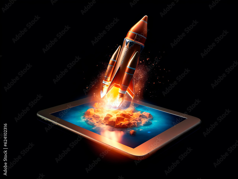 Aufkleber Spaceship launch from digital tablet. Rocket starts from mobile device screen. Concept of a successful start up of a business. Creative idea, education online. Ai Generative illustration