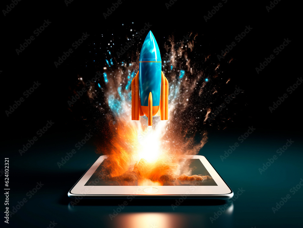 Poster Spaceship launch from digital tablet. Rocket starts from mobile device screen. Concept of a successful start up of a business. Creative idea, education online. Ai Generative illustration