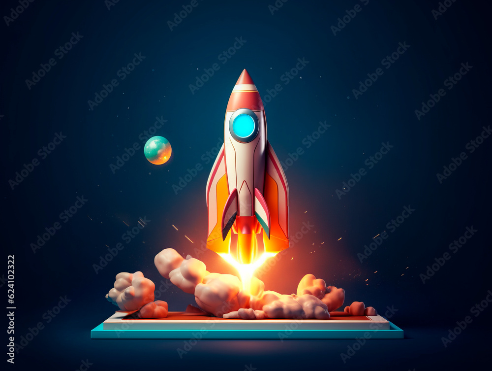 Aufkleber Spaceship launch from digital tablet. Rocket starts from mobile device screen. Concept of a successful start up of a business. Creative idea, education online. Ai Generative illustration