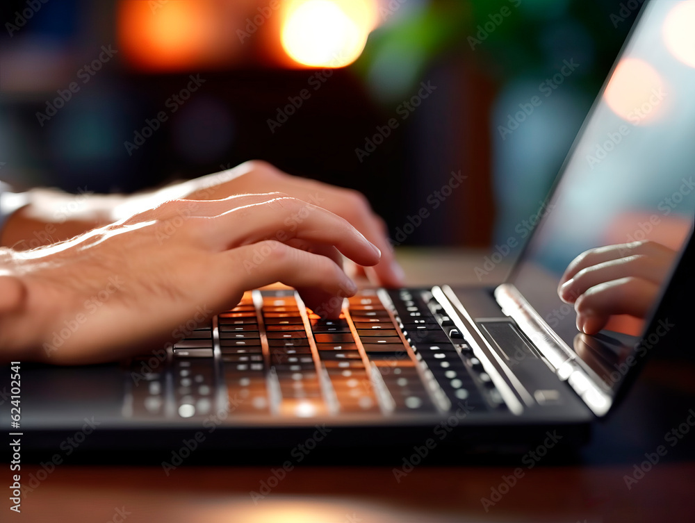 Poster businessman hands typing and working with laptop computer on wooden table close up. side view. freel