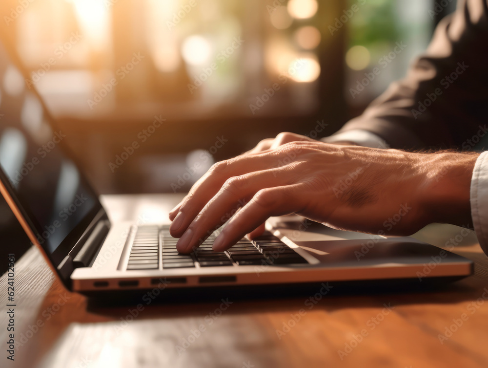 Poster businessman hands typing and working with laptop computer on wooden table close up. side view. freel