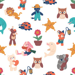 Vibrant Seamless Pattern Adorned With Adorable Plush Toys, Creating A Playful And Whimsical Design Suitable For Children