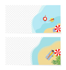 Summer vector banner with beach, sea and girls in floats. Summer bright horisontal banner with transparent background.