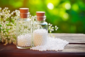 Healing with Homeopathy - A Close-Up of Homeopathy Globules in a Bottle. Alternative Therapy and Herbal Medicine Treatment. Generative AI