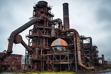 Industrial Relic: Sloss Furnaces National Historic Landmark in Birmingham, Alabama. Abandoned Steel Mill with Water Tower and Smoke Stack Against Grey Sky: Generative AI