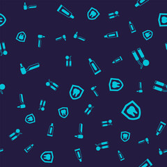 Set Tooth drill, Dental mirror and probe, Tube of toothpaste and protection on seamless pattern. Vector