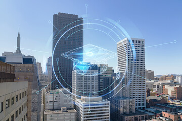 Panoramic cityscape view of San Francisco financial downtown at day time from rooftop, California, United States. Technologies, education concept. Academic research, top ranking university, hologram